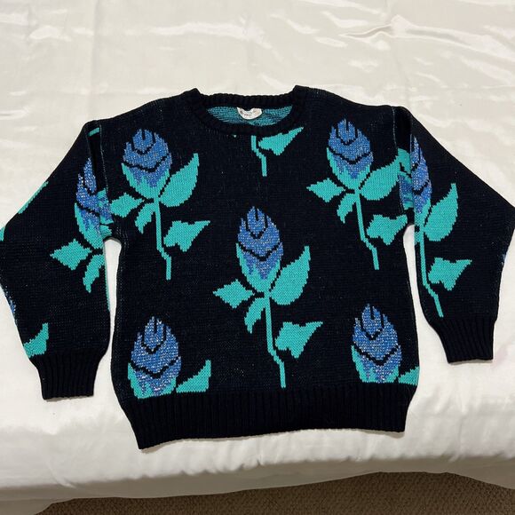 Vintage whimsigoth sweater black Turquoise floral ITALY Acrylic Oversized S - Picture 1 of 9